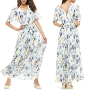 Gal Meets Glam Cream Maxi Dress with Blue and Yellow Palm Print
